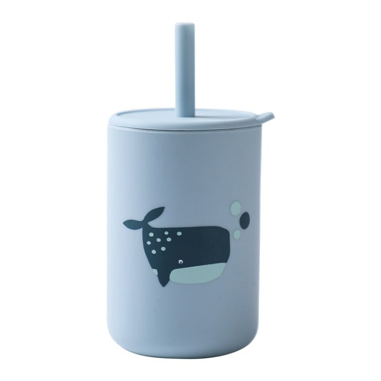 Babyhug Dino Printed Sipper Bottle With Silicone Spout & Straw Blue - 210 ml