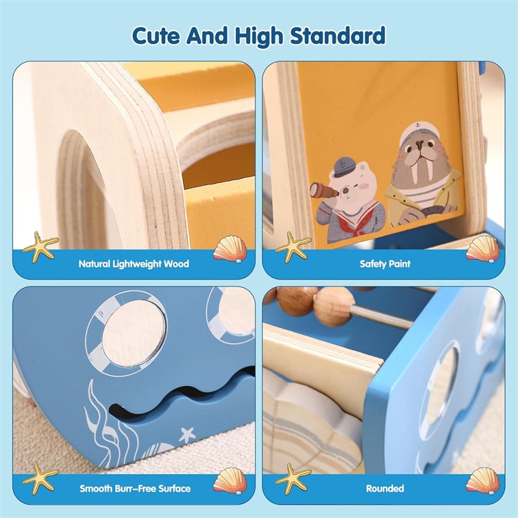 Wooden toy with animal design, featuring text on a blue background.