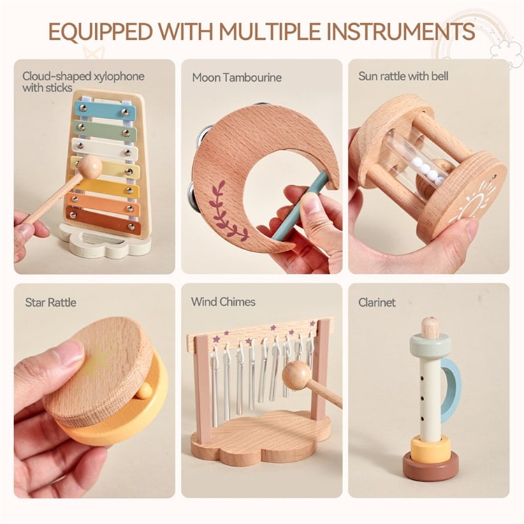 Collection of wooden musical instruments including a xylophone, tambourine, rattle, star rattle, wind chimes, and clarinet on a beige background.