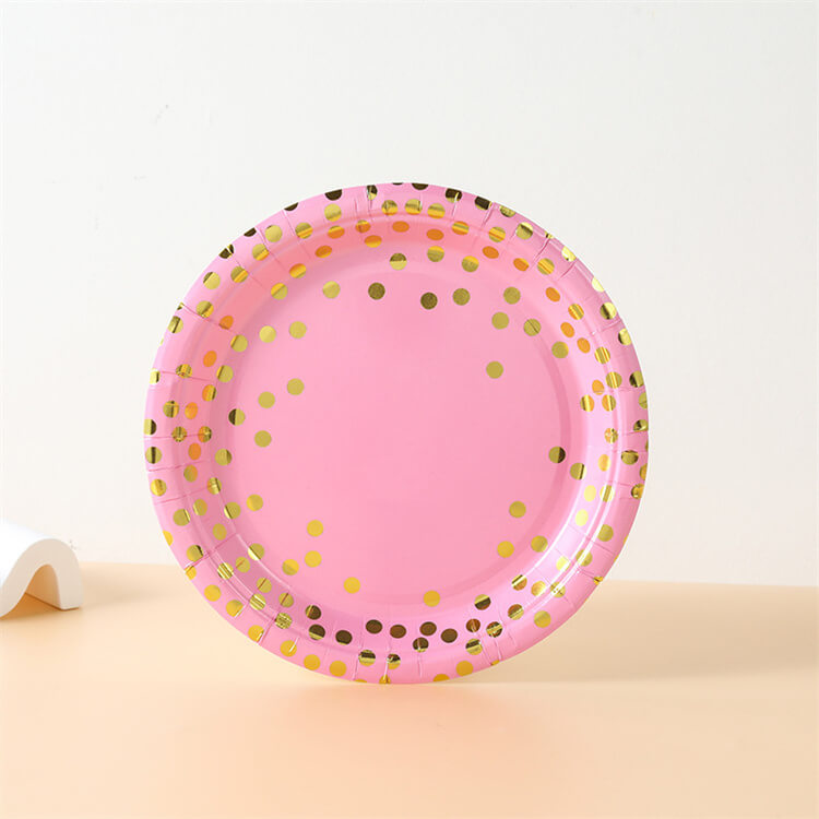 Pink with Gold Dot Party Paper Plate Set of 10 Disposable