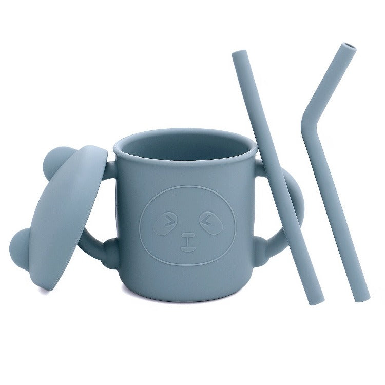 Blue Silicone Straw Cup with Handles LeakProof OntheGo Feeding iKids