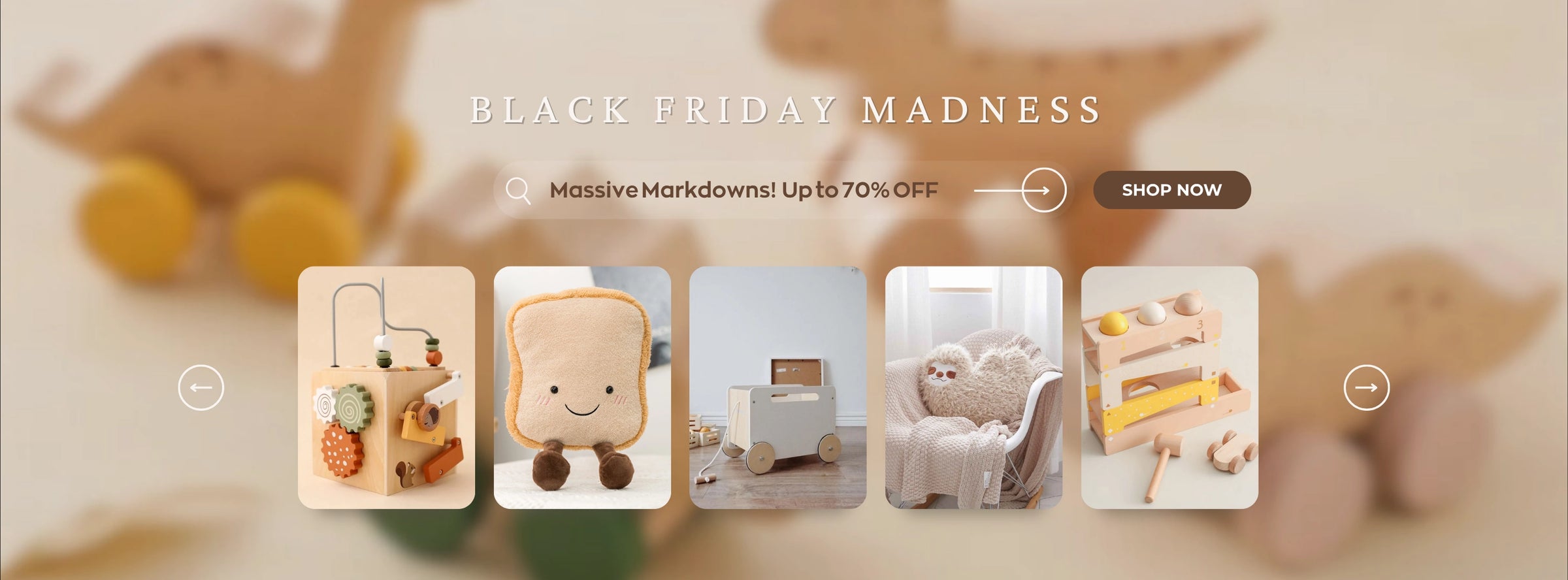 Black Friday sale banner with toy images and promotional text on a blurred background