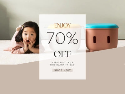 Promotional banner with a child and product, featuring a 70% off discount offer for Black Friday.