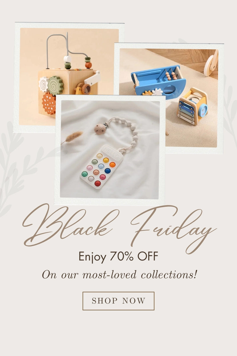 Promotional graphic for Black Friday sale with children's toys and text on a light background