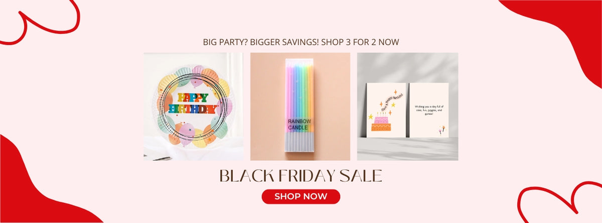 Black Friday sale banner with colorful products and promotional text on a white background.
