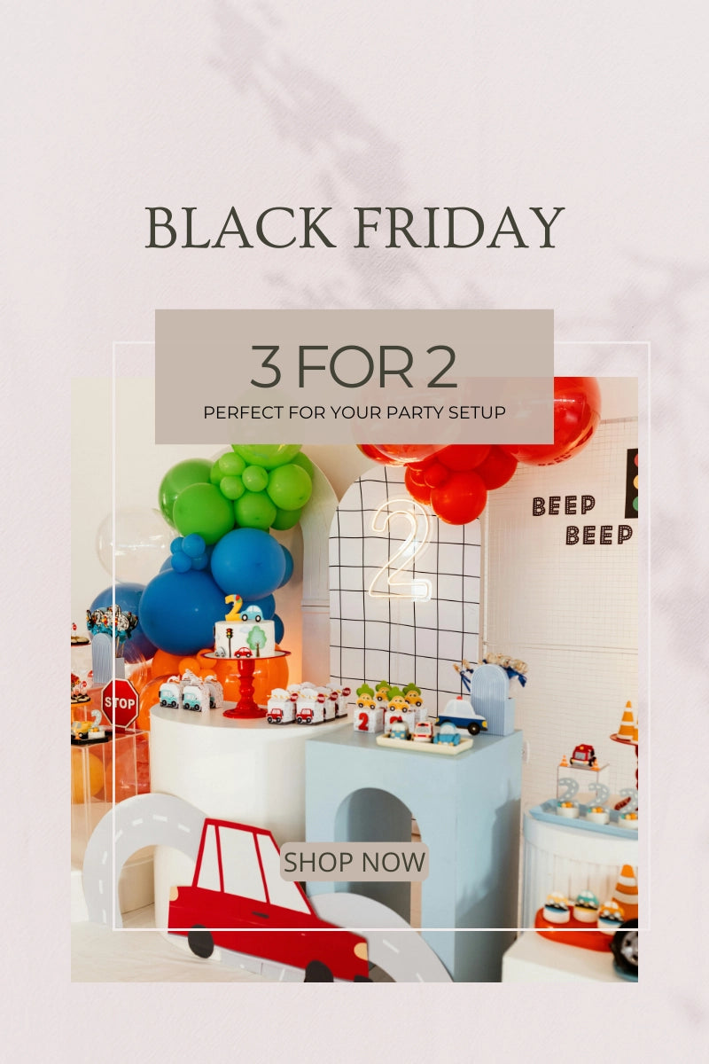 Promotional graphic for a party setup with balloons and decorations, featuring a 'Black Friday' offer.