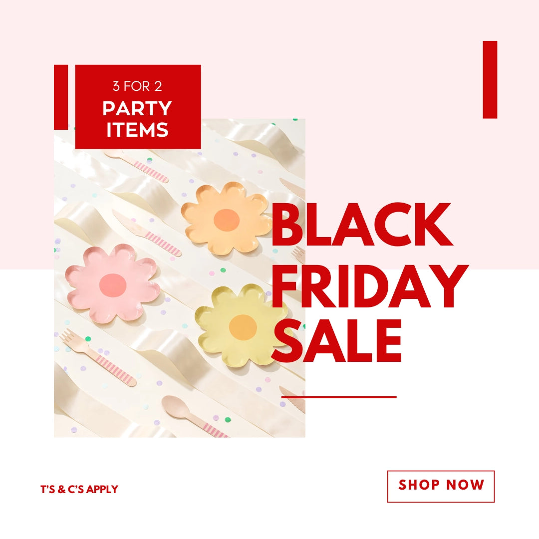 Black Friday sale advertisement with party items and colorful flowers on a white background.