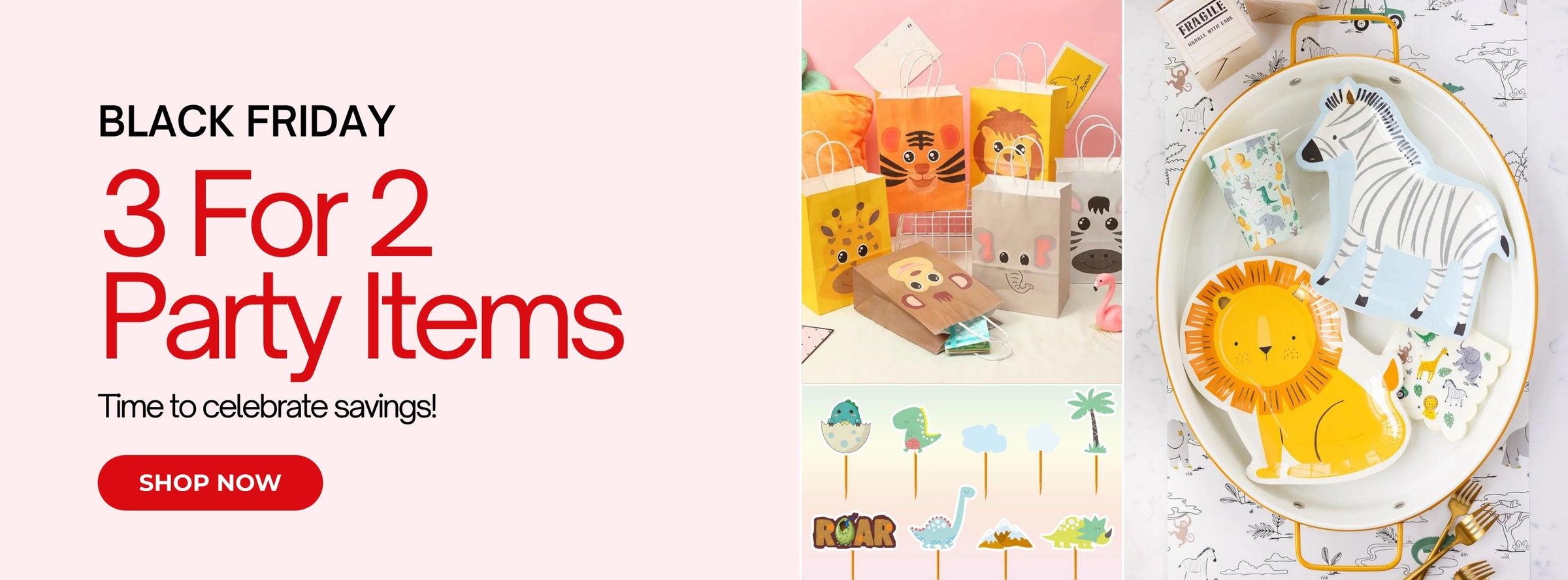 Black Friday promotion for party items with decorative plates and packaging.