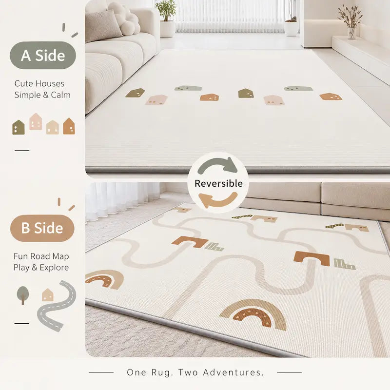 Children's play mat with geometric designs on a white surface.