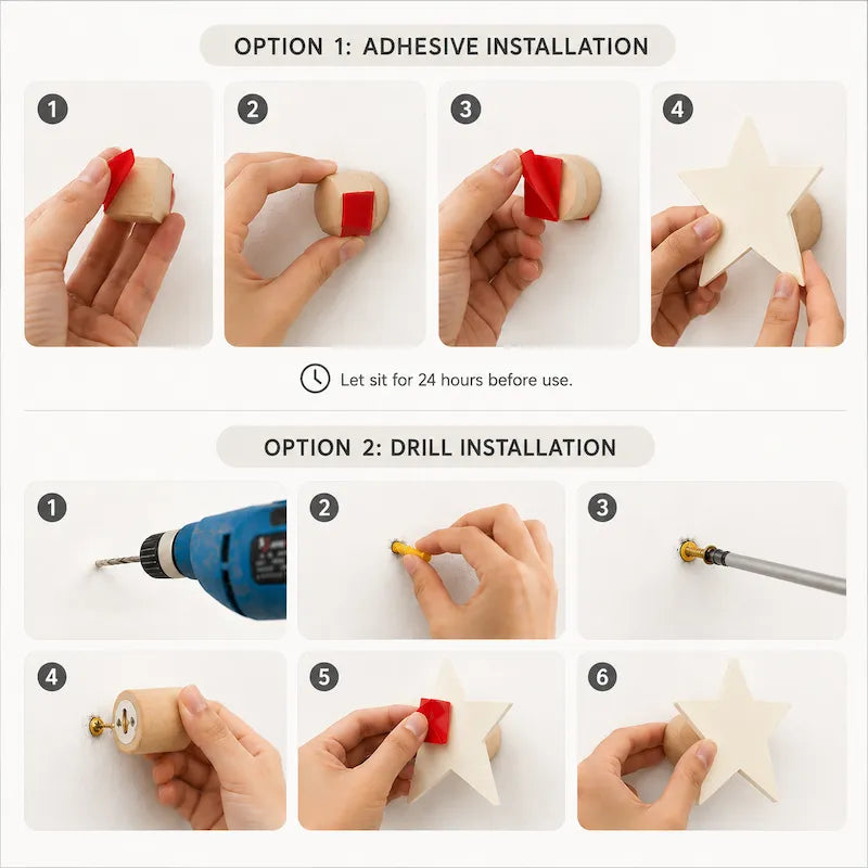 Instruction diagram showing two installation options for a star-shaped wooden ornament: adhesive installation with red adhesive strips, and drill installation with a screw and drill. The steps include holding the wooden star, applying adhesive, and using a drill to attach it to a cylindrical base.