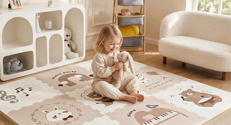 Child playing on a rug with animal illustrations in a room with furniture and toys.