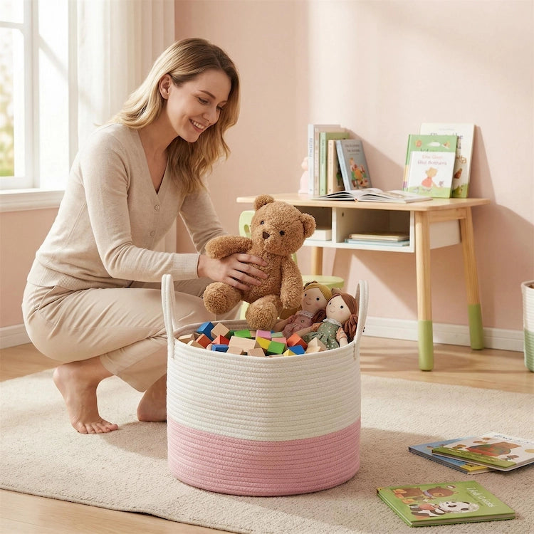 Short Pink Cotton Rope Toy Storage Basket from iKids.co.za