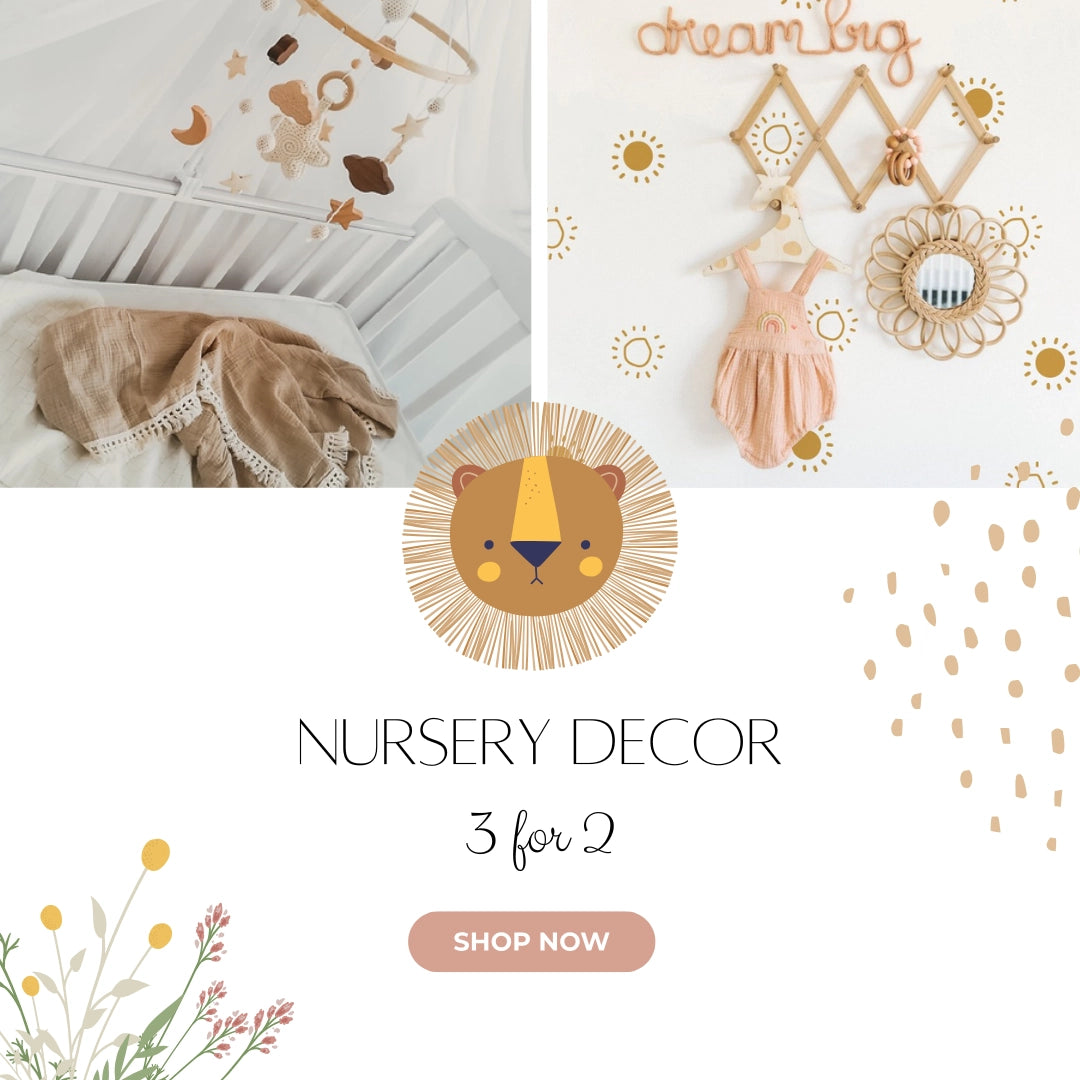 Nursery decor with lion logo and promotional text on a white background