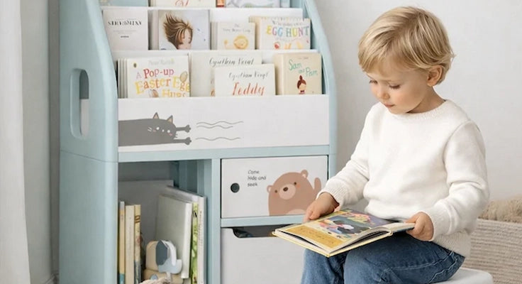 Child reading a book in front of a bookshelf filled with children's books.