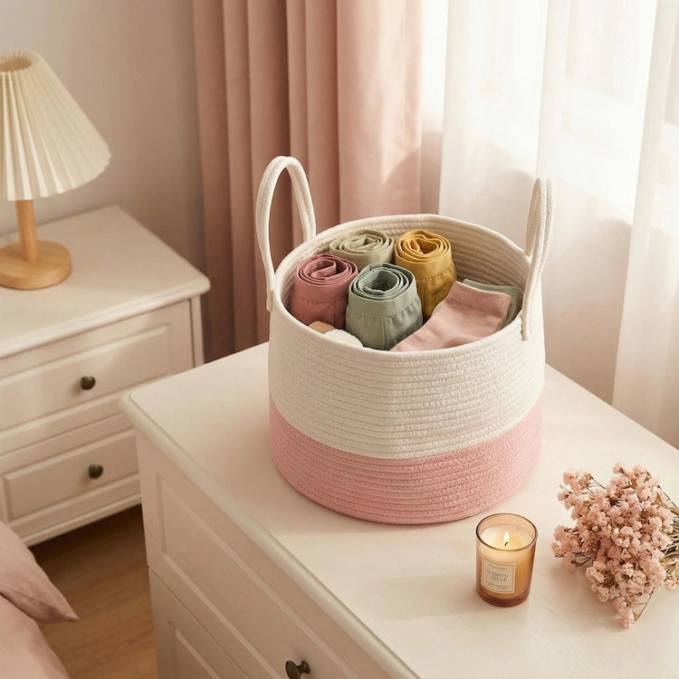 Short Pink Cotton Rope Toy Storage Basket from iKids.co.za