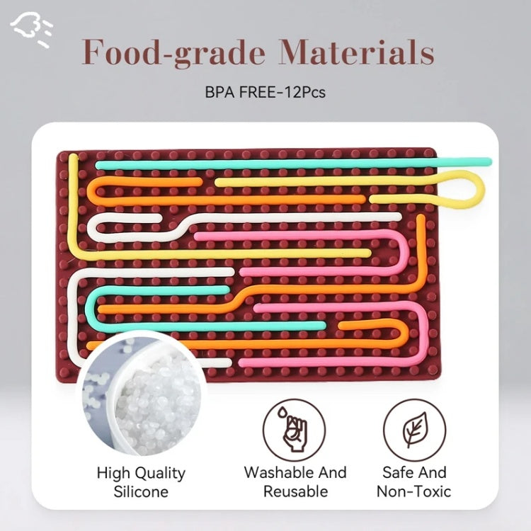 Silicone straw set with packaging highlighting food-grade materials, BPA-free, high-quality silicone, washable, reusable, safe, and non-toxic features.