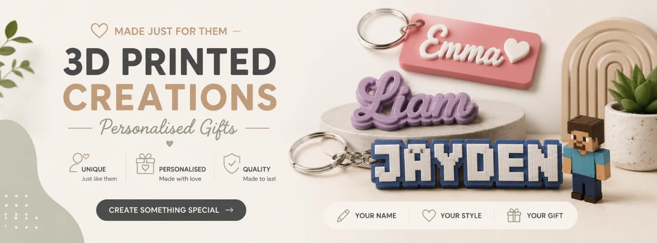 Promotional banner for 3D printed personalized gifts, showcasing three keychains: a pink rectangular keychain with 'Emma' in white 3D letters, a purple cursive 'Liam' keychain, and a blue block-letter 'JAYDEN' keychain. The banner includes marketing text, icons, and a small Minecraft-style character on a neutral background.