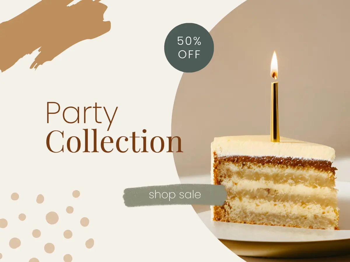 Promotional graphic for a 'Party Collection' featuring a slice of layered cake with a single lit candle on a plate, alongside text overlays '50% OFF' and 'shop sale' on a beige background with abstract shapes.