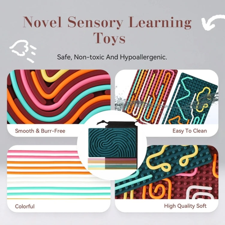 Promotional image of sensory learning toys with colorful designs on a gray background.