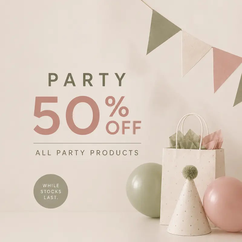 Promotional graphic for party products with the text 'PARTY 50% OFF ALL PARTY PRODUCTS' and 'WHILE STOCKS LAST.' on a warm cream background, decorated with pastel bunting, a gift bag, a party hat, and balloons.