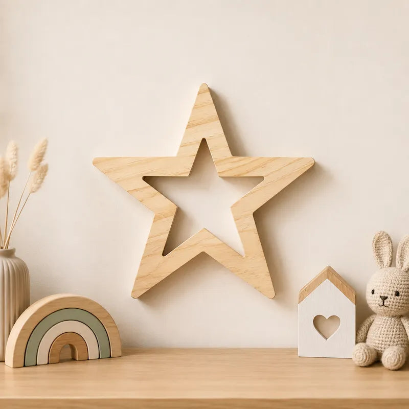 A light natural wood star-shaped wall decor piece mounted on a beige wall above a wooden shelf, styled with a pastel rainbow block, a small house block, and a crocheted bunny toy.