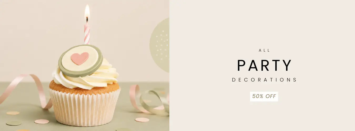 A cupcake with white frosting, a pink candle, and a round topper on the left, alongside promotional text reading 'ALL PARTY DECORATIONS' and '50% OFF' on a light beige background.