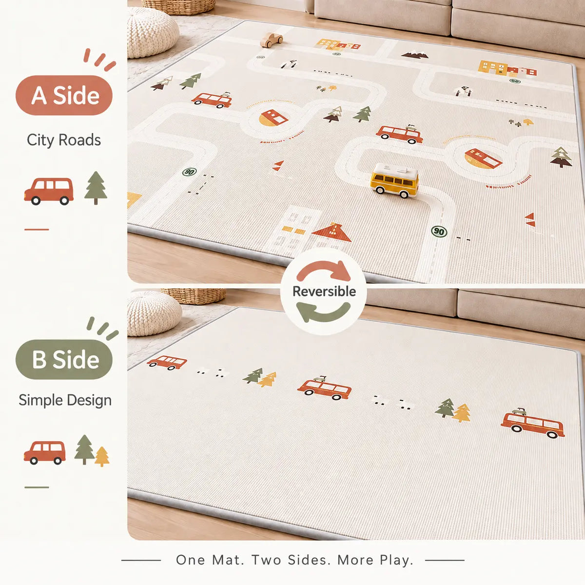 A reversible children's play mat shown in a split view of its two sides: the top half displays a city road pattern with roads, cars, trees, and small buildings, while the bottom half shows a simplified version for the reverse side. The mat is styled on a wooden floor in a living room setting with a toy car on it.