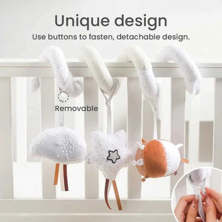 Baby crib mobile with cloud and animal design, detachable feature shown.