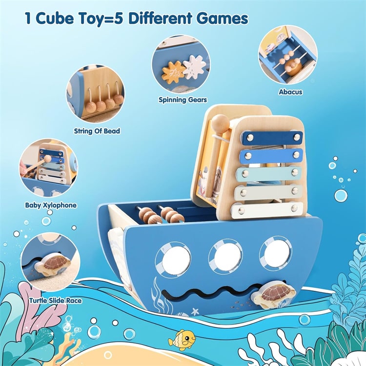Wooden toy boat with multiple educational components on a blue background