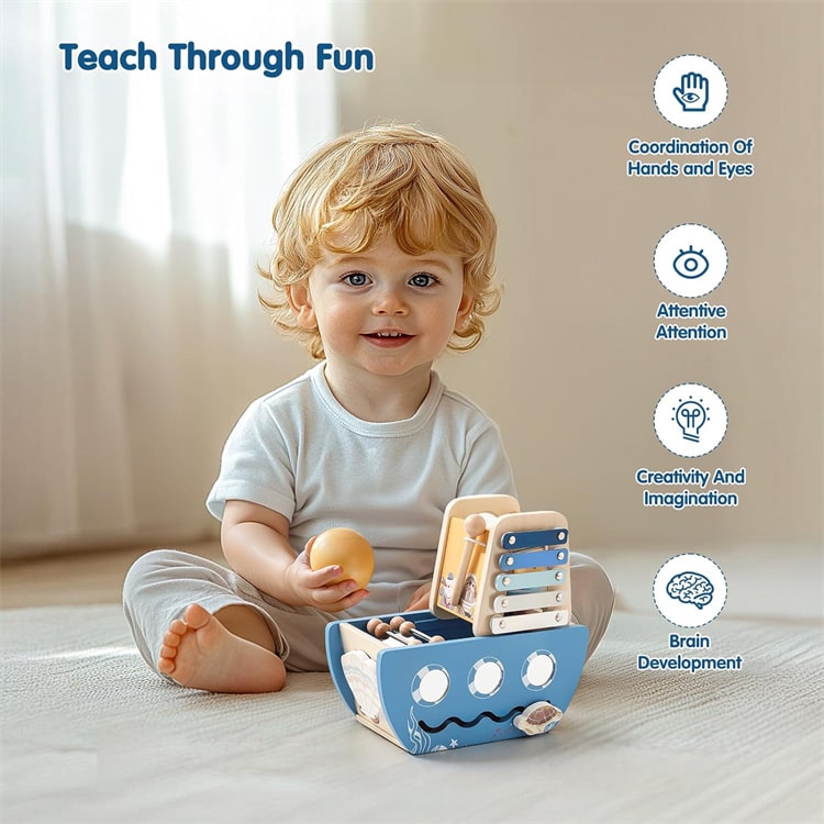 Child playing with a toy boat, surrounded by educational benefits text on a neutral background
