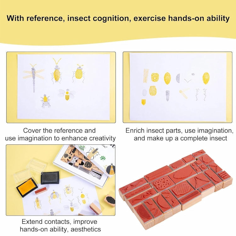 Educational kit for insect cognition with stamp set and reference cards | Wooden Bug Stamp Art Set