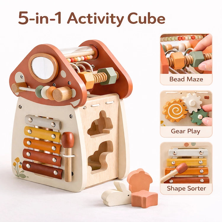 5 in 1 Mushroom Wooden Activity Cube | iKids
