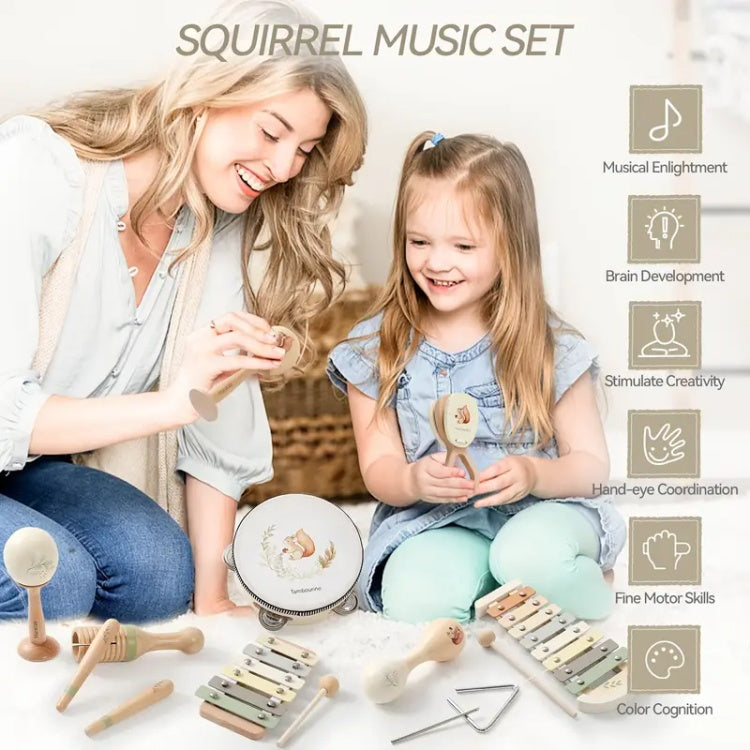 Woman and child playing with a squirrel-themed music set on a white background