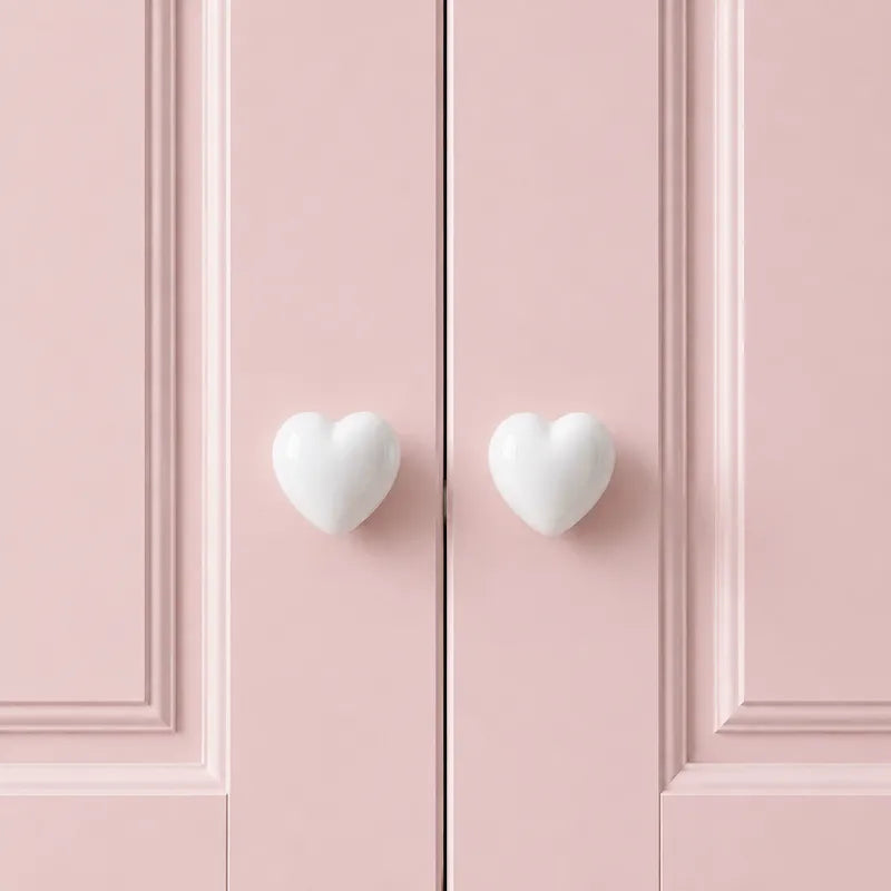Two glossy white heart-shaped cabinet knobs mounted on cream-colored paneled doors.