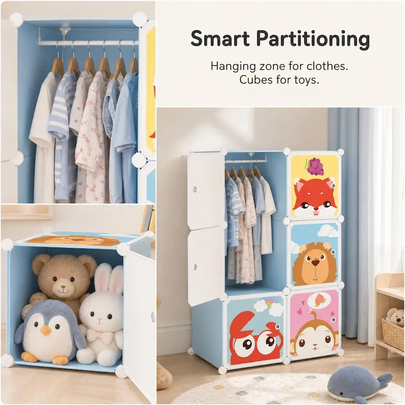 A modular children's storage cabinet shown in a bright room, with text reading 'Smart Partitioning' and 'Hanging zone for clothes. Cubes for toys.