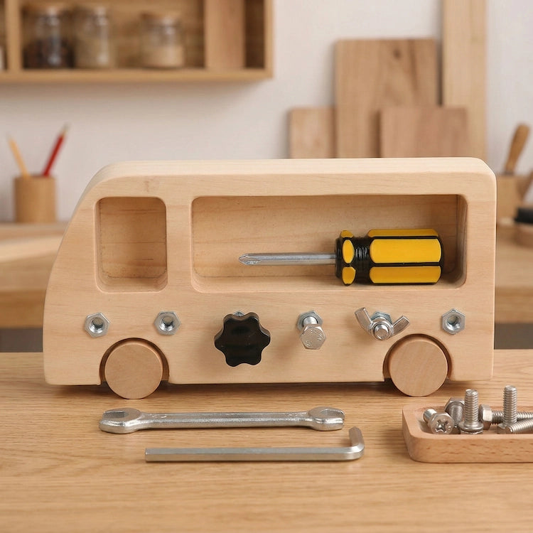 Wooden toy truck with tools on a wooden surface | Busy Bus Screw Driver Board at iKids