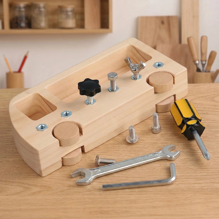 Wooden tool holder with screws and tools on a wooden surface | Busy Bus Screw Driver Board at iKids