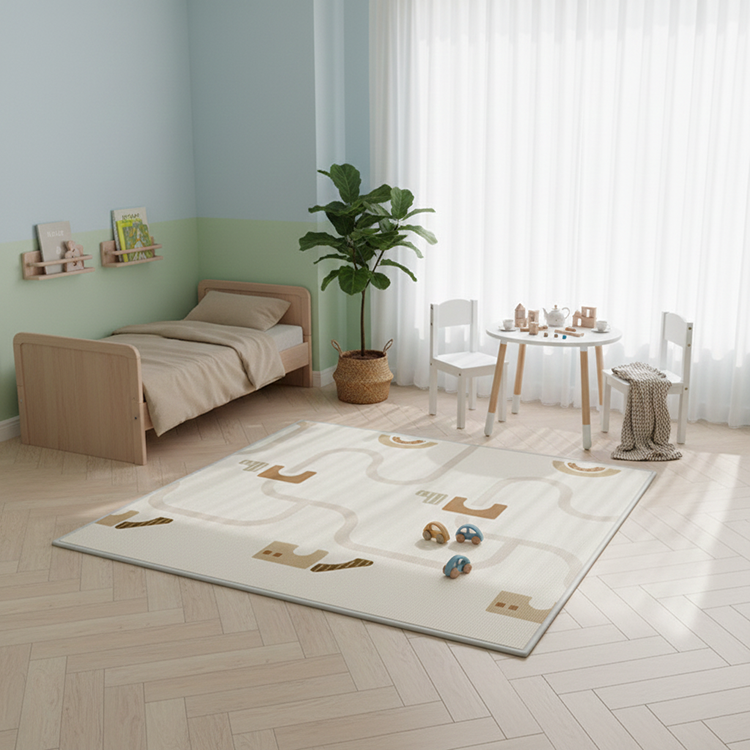 Children's room with a bed, rug, and small table.