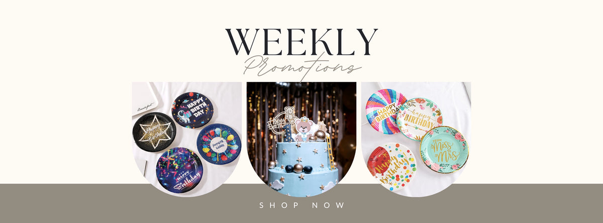 Promotional banner with weekly promotions and a call to action to shop now, featuring decorative items and a cake.