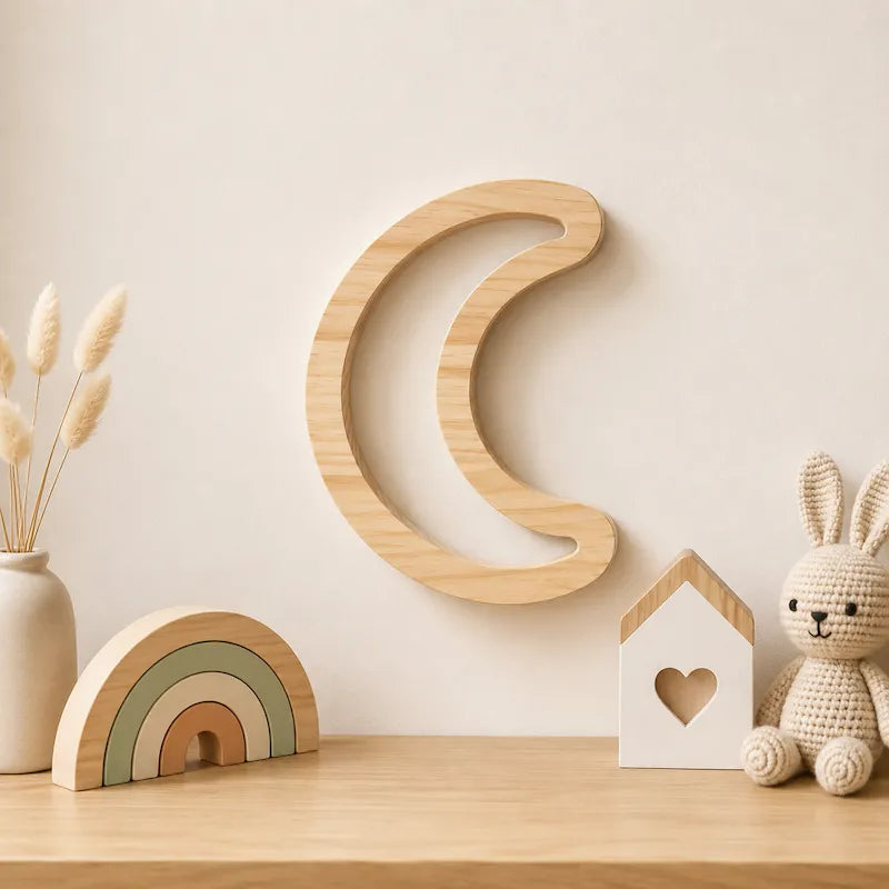 A light natural wood crescent moon wall hanging displayed on a beige wall above a wooden shelf. The shelf includes a pastel wooden rainbow toy, a white house-shaped decor piece with a heart cutout, and a cream crocheted bunny toy.