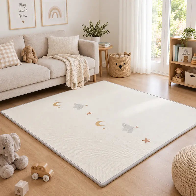 Kids Star & Moon Elephant & Checkerboard Reversible Play Mat Soft Rug from iKids.co.za