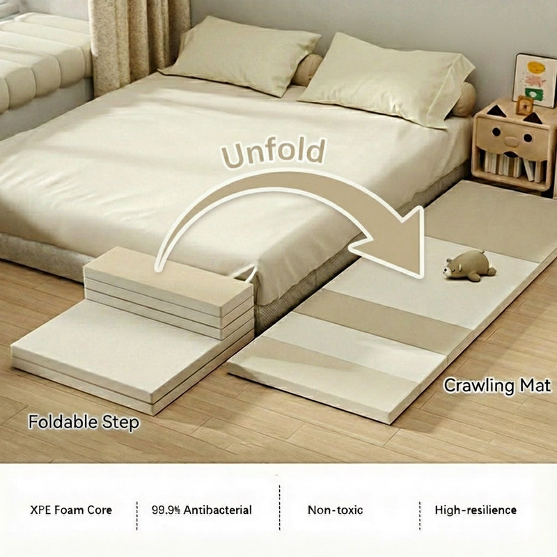 Foldable step and crawling mat with XPE foam core in a bedroom setting