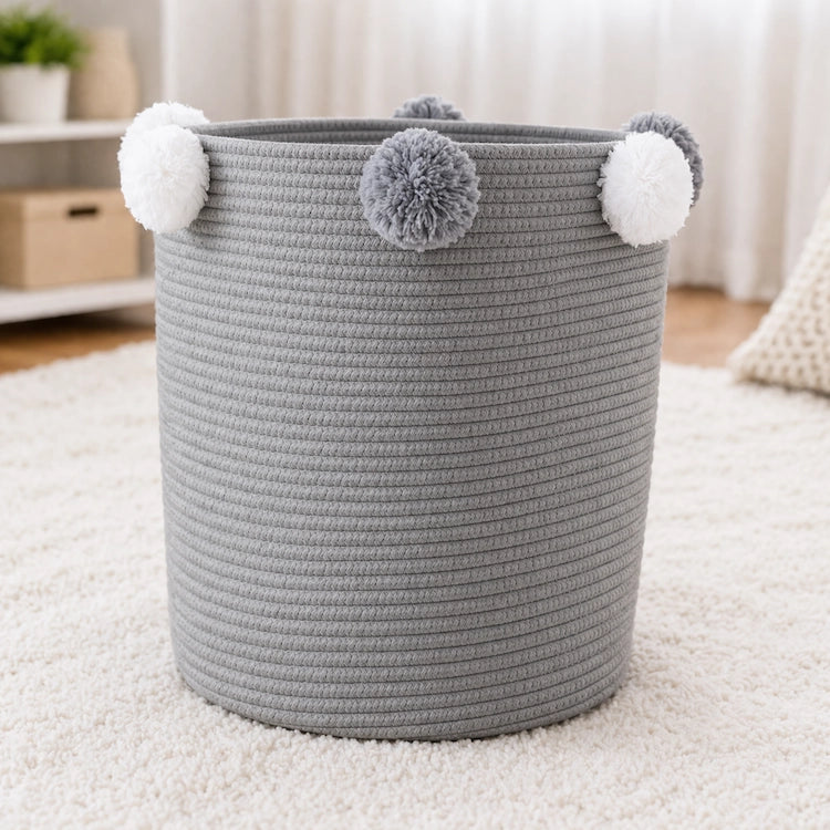 Gray woven basket with pom-pom handles | Grey Cotton Rope Storage Basket in iKids.co.za
