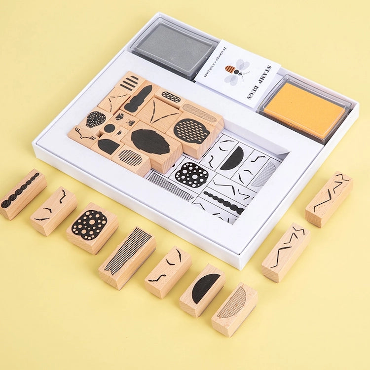 Set of wooden stamps with ink pads on a yellow background | Wooden Bug Stamp Art Set