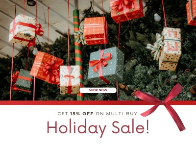 Decorative Christmas scene with hanging presents and a 'Holiday Sale' banner.