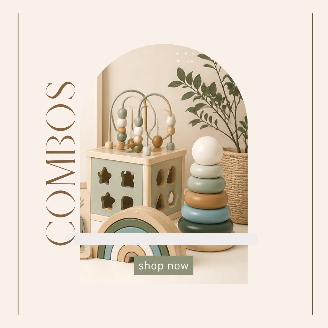A styled nursery scene showing a coordinated set of wooden toys: a shape-sorting box, bead armillary, stacking rings, and a rainbow piece, arranged in a warm beige room with a plant in a basket. Large vertical text reads 'COMBOS' on the left, with a 'shop now' banner near the bottom.