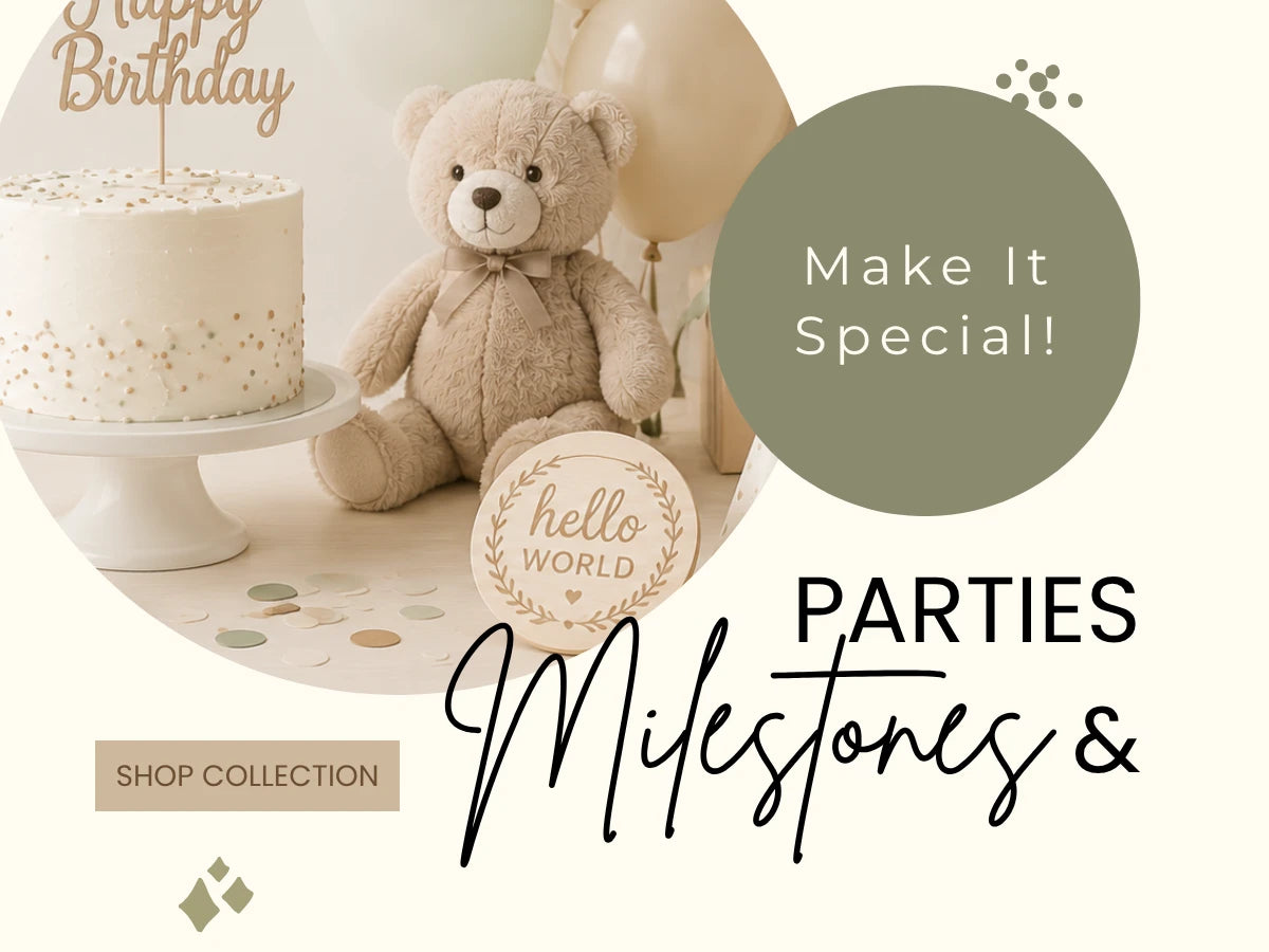 Promotional graphic for a party collection featuring a beige teddy bear, a white birthday cake on a stand, balloons, confetti, and large text reading 'Make It Special! PARTIES Milestones & SHOP COLLECTION'.