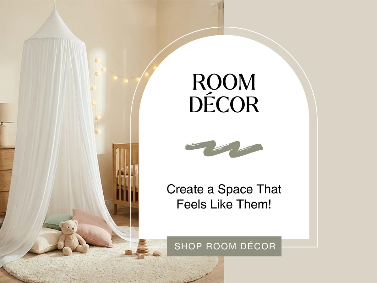 A styled nursery interior with a white canopy tent, pillows, rug, teddy bear, crib, and warm string lights, alongside a large white arch graphic containing the text 'ROOM DÉCOR' and 'Create a Space That Feels Like Them!'.