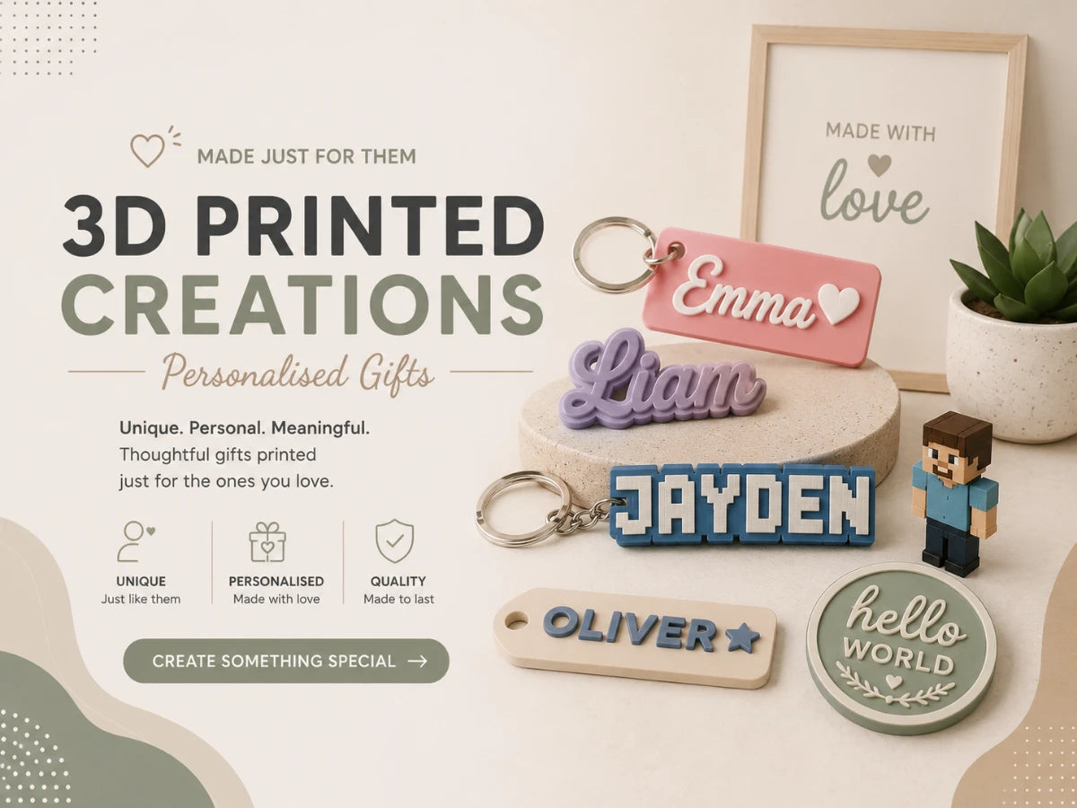A styled promotional graphic for 3D printed personalized gifts, showing several custom keychains and tags with names and messages such as Emma, Liam, Jayden, Oliver, and hello world. The scene includes a small Minecraft-style figure, a framed sign reading Made with love, a potted succulent, and marketing text on a warm beige background.