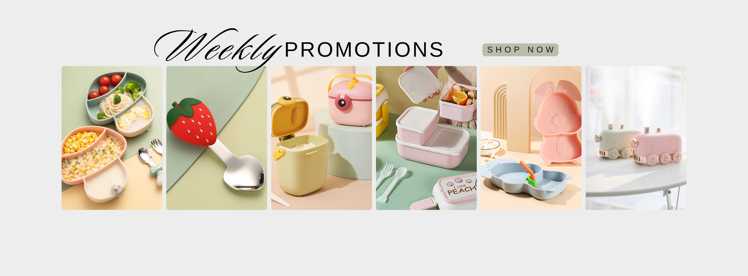 Promotional banner with weekly promotions and images of kitchen items on a white background.